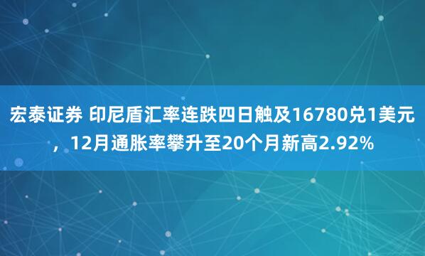 宏泰证券 印尼盾汇率连跌四日触及16780兑1美元，12月通胀率攀升至20个月新高2.92%